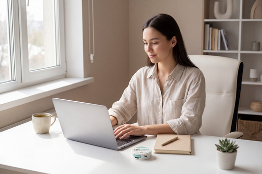 Young women using stillwell to focus on work
